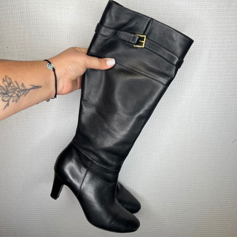 Lauren Ralph Lauren Susie Black Leather Knee High Buckle Boots Womens 7B 11424